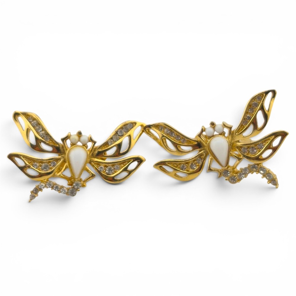 Vintage Givenchy Dragonfly Earrings 1980s Gold Milk Glass Rhinestone Clip Post